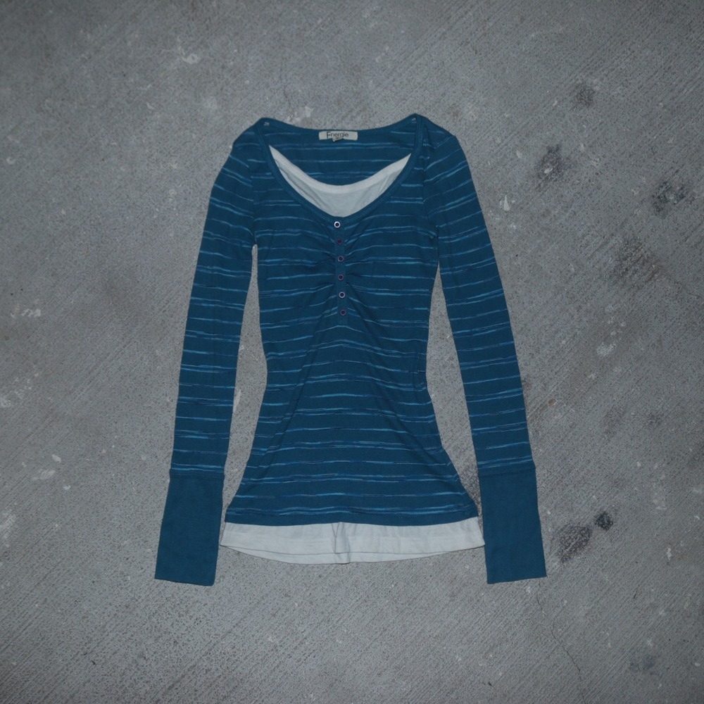 Energie Womens Vintage Colorblock Henley Long Sleeve Shirt Blue White Size S